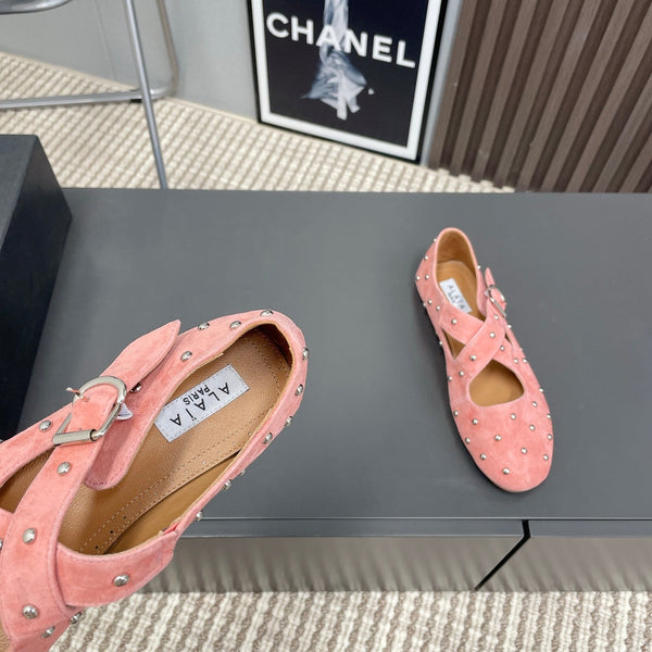 Alaia 2025 Criss Cross With Stud Ballet Flats Pink Suede 293216