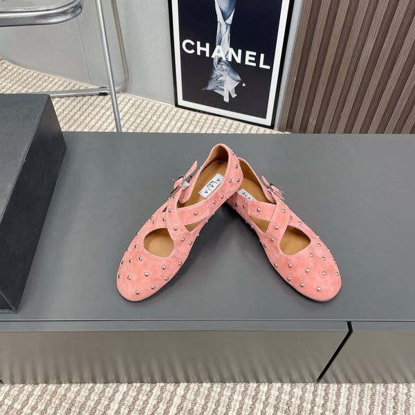 Alaia 2025 Criss Cross With Stud Ballet Flats Pink Suede 293216