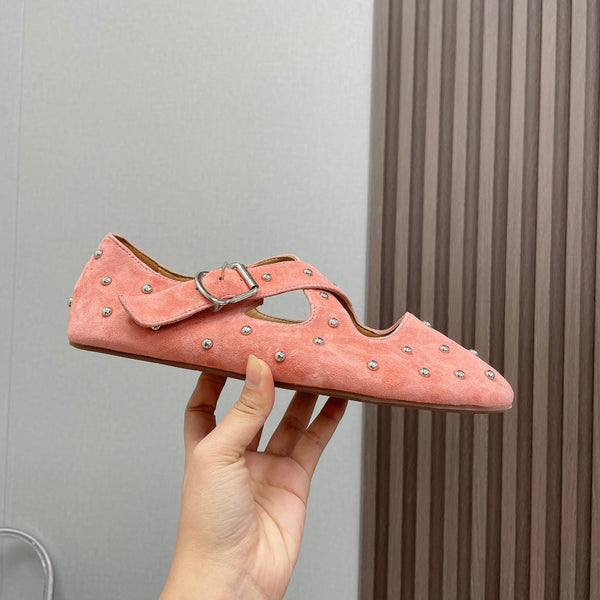 Alaia 2025 Criss Cross With Stud Ballet Flats Pink Suede 293216