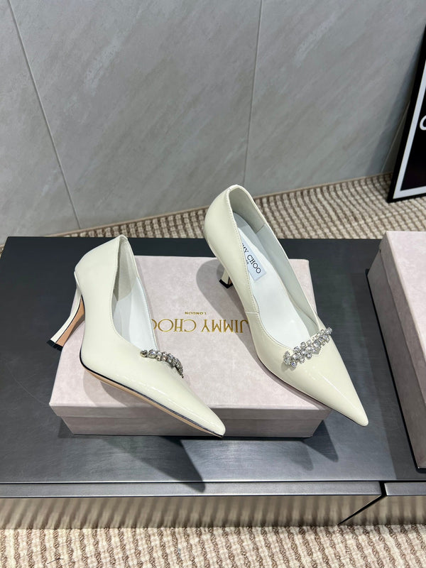 Jimmy Choo Belinda 85mm Heels Cream Patent Leather Crystal Studded Heels 540680