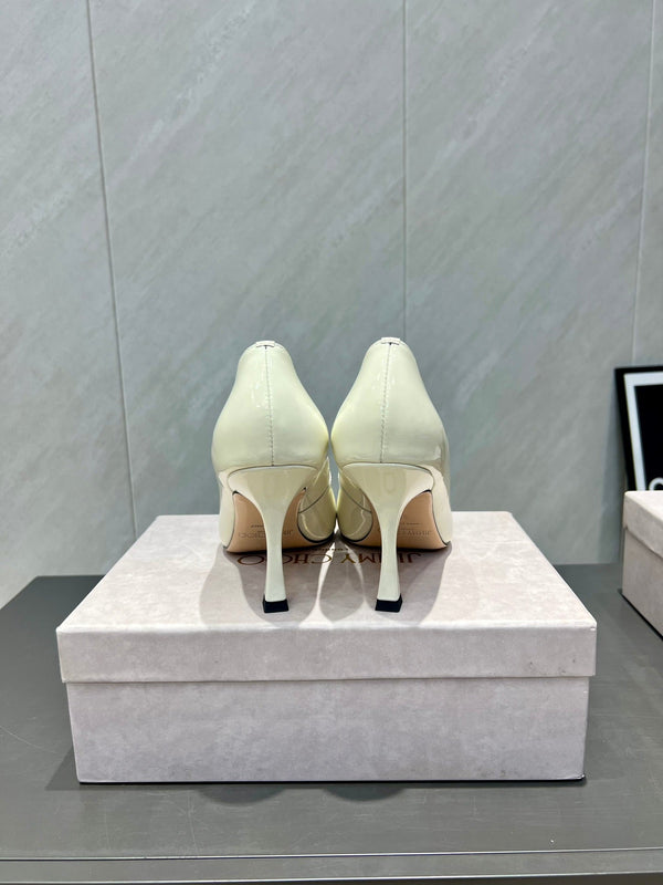 Jimmy Choo Belinda 85mm Heels Cream Patent Leather Crystal Studded Heels 540680