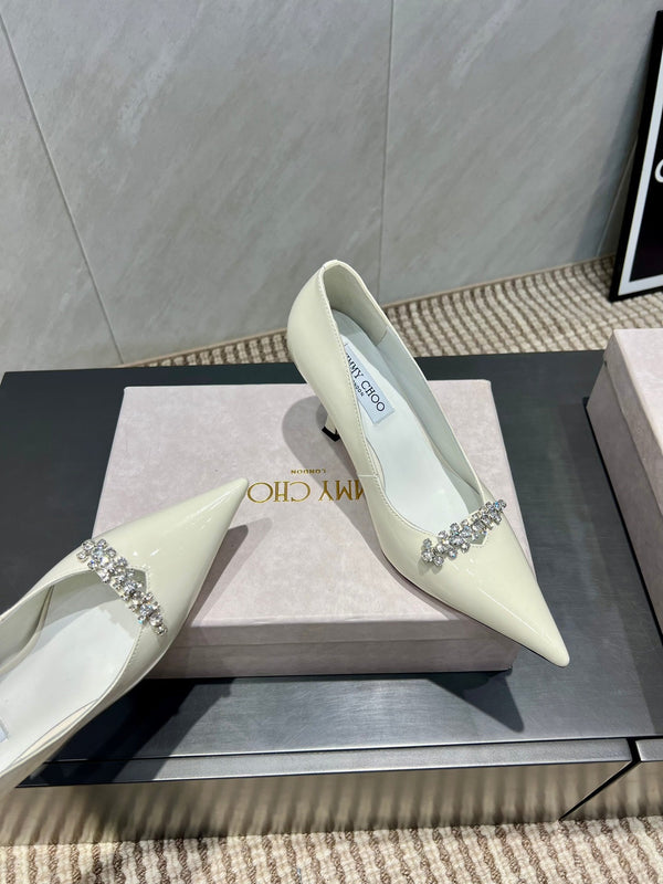 Jimmy Choo Belinda 85mm Heels Cream Patent Leather Crystal Studded Heels 540680