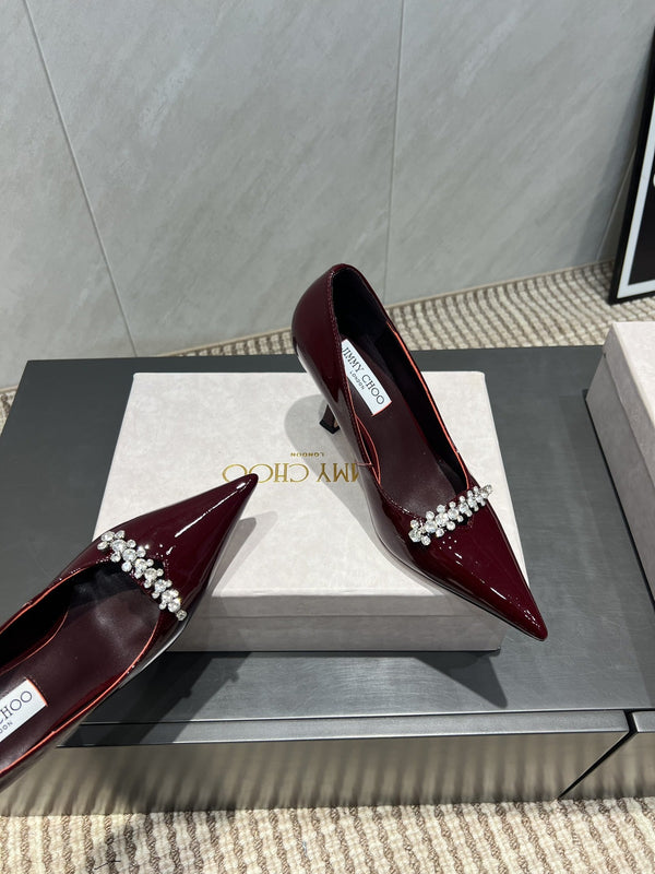 Jimmy Choo Belinda 85mm Heels Burgundy Patent Leather Crystal Studded Heels 540681