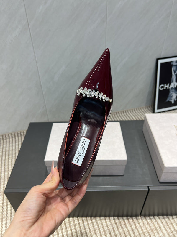 Jimmy Choo Belinda 85mm Heels Burgundy Patent Leather Crystal Studded Heels 540681
