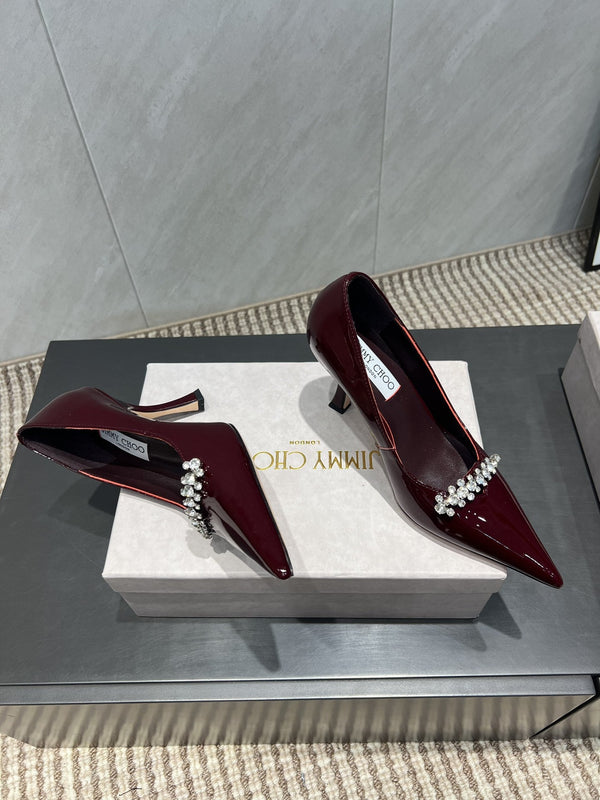 Jimmy Choo Belinda 85mm Heels Burgundy Patent Leather Crystal Studded Heels 540681