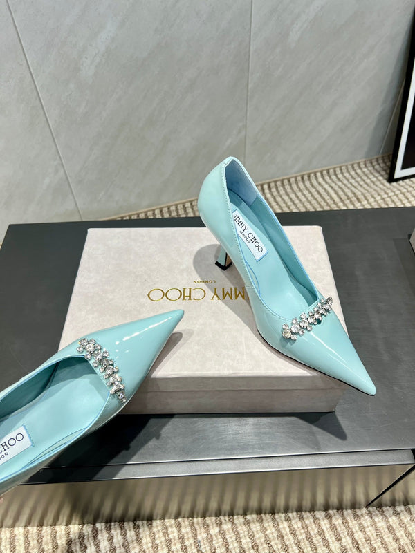 Jimmy Choo Belinda 85mm Heels Blue Patent Leather Crystal Studded Heels 540682