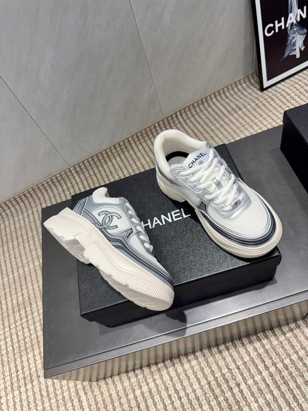 Chanel 25 Sneaker White Blue Silver Mesh Leather 540310