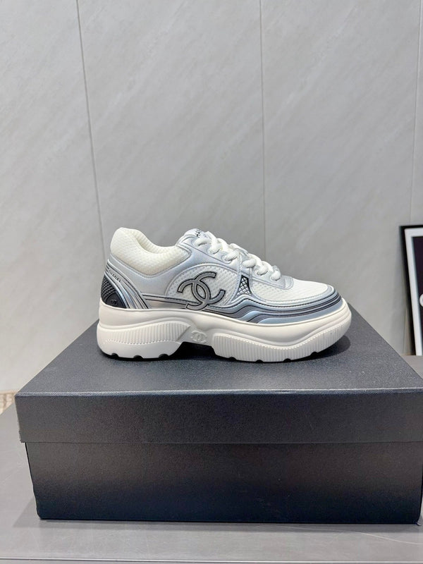 Chanel 25 Sneaker White Blue Silver Mesh Leather 540310