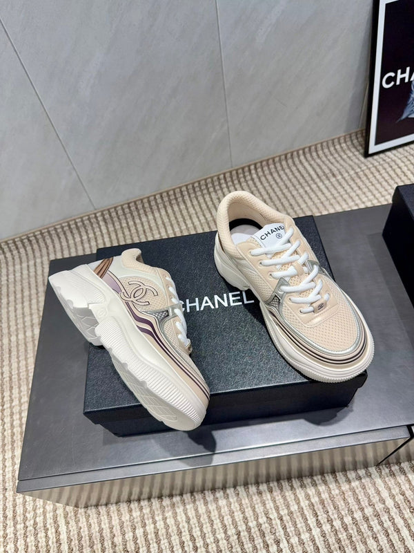 Chanel 25 Sneaker White Beige Silver Mesh Leather 540313