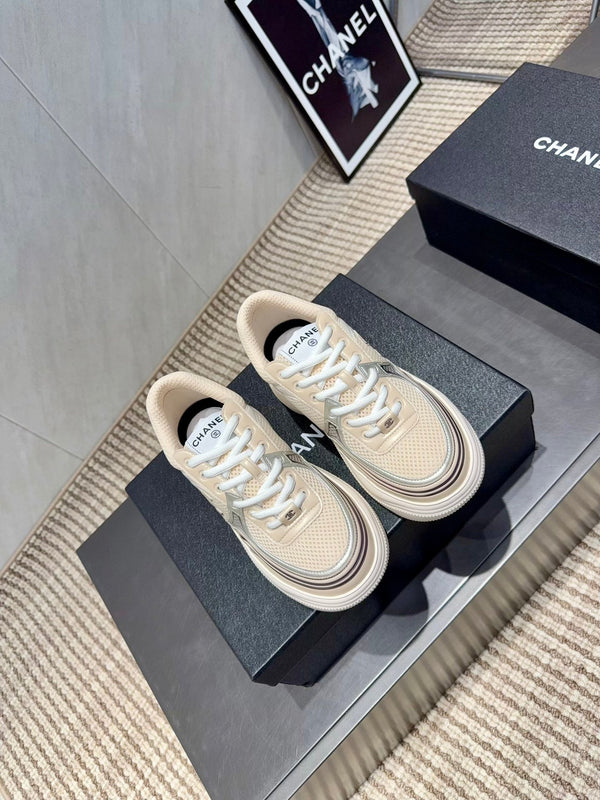 Chanel 25 Sneaker White Beige Silver Mesh Leather 540313