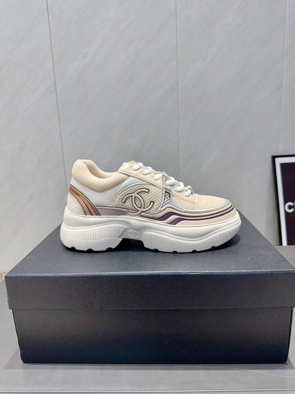 Chanel 25 Sneaker White Beige Silver Mesh Leather 540313