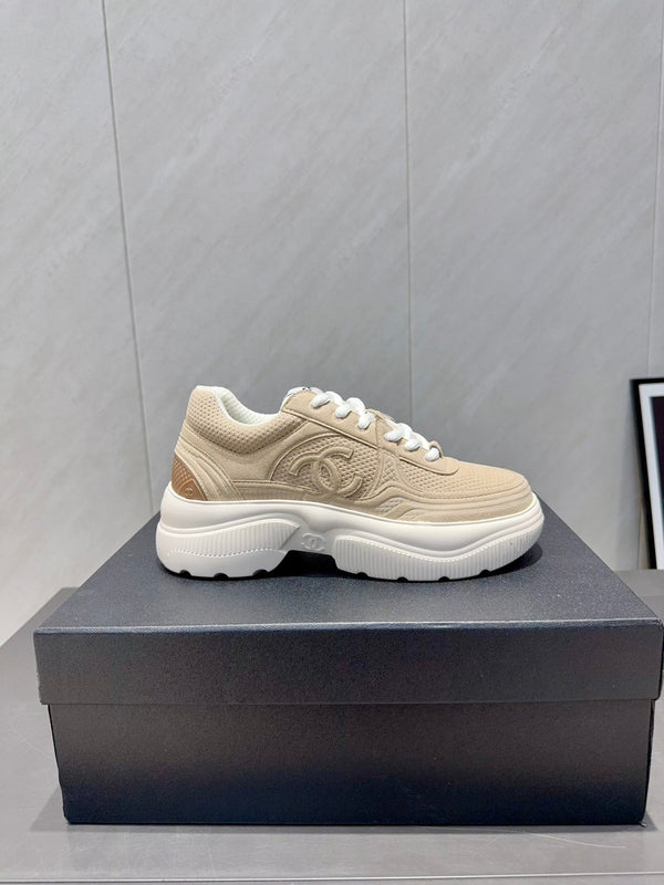 Chanel 25 Sneaker Light Brown White Mesh Fabric 540318