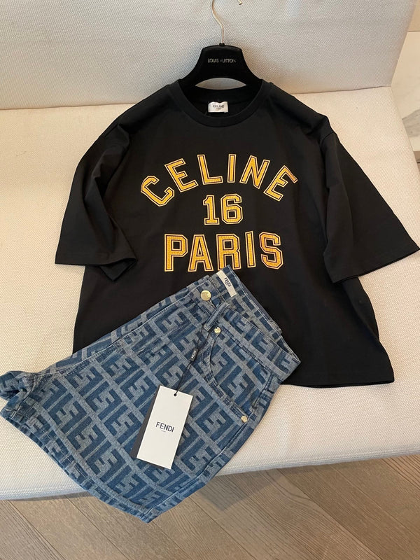 Celine 25 "CELINE 16 PARIS" T-shirt Black mix Yellow Cotton