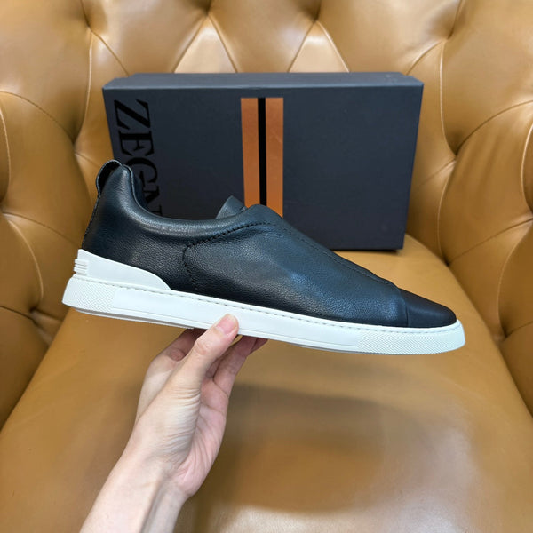 Zegna Men's Triple Stitch Sneakers Black Grain Leather