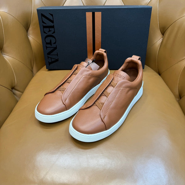 Zegna Men's Triple Stitch Sneakers Tan Grain Leather