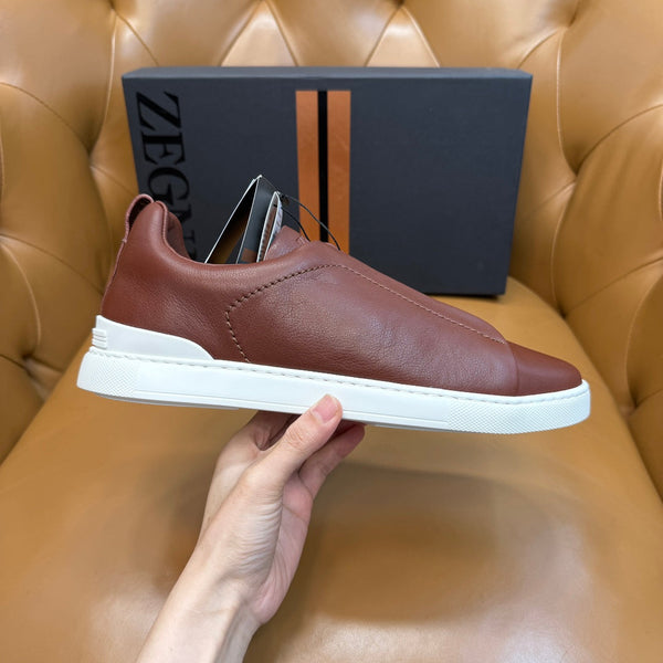 Zegna Men's Triple Stitch Sneakers Chocolate Grain Leather