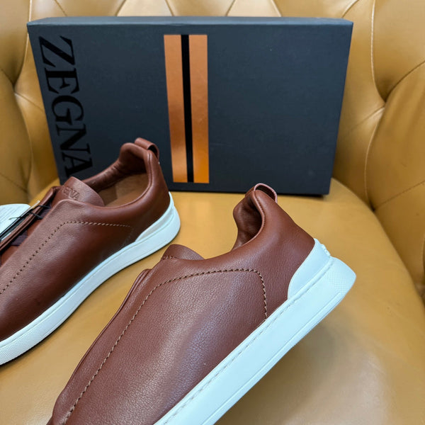 Zegna Men's Triple Stitch Sneakers Chocolate Grain Leather