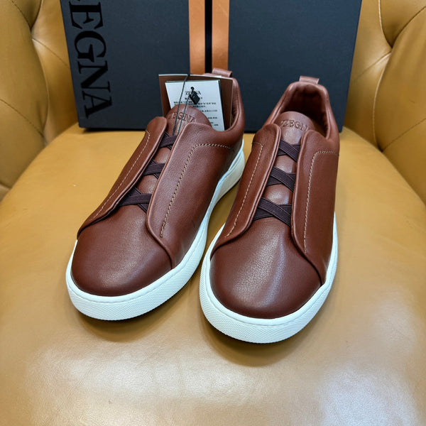 Zegna Men's Triple Stitch Sneakers Chocolate Grain Leather