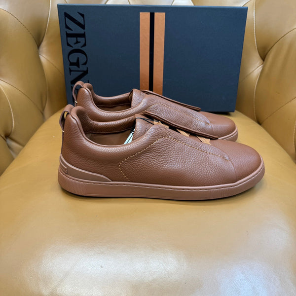 Zegna Men's Triple Stitch Sneakers Full Brown Grain Leather