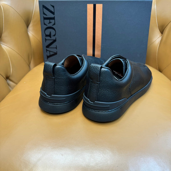Zegna Men's Triple Stitch Sneakers Full Black Grain Leather