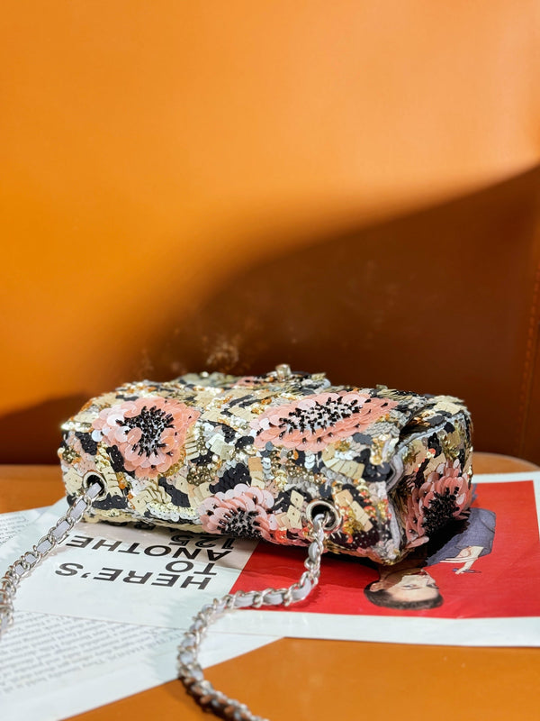 24S Flap Bag 20cm Multicolor Sequin Pink Flower Pearl Caflskin