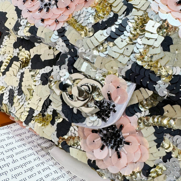 24S Flap Bag 20cm Multicolor Sequin Pink Flower Pearl Caflskin