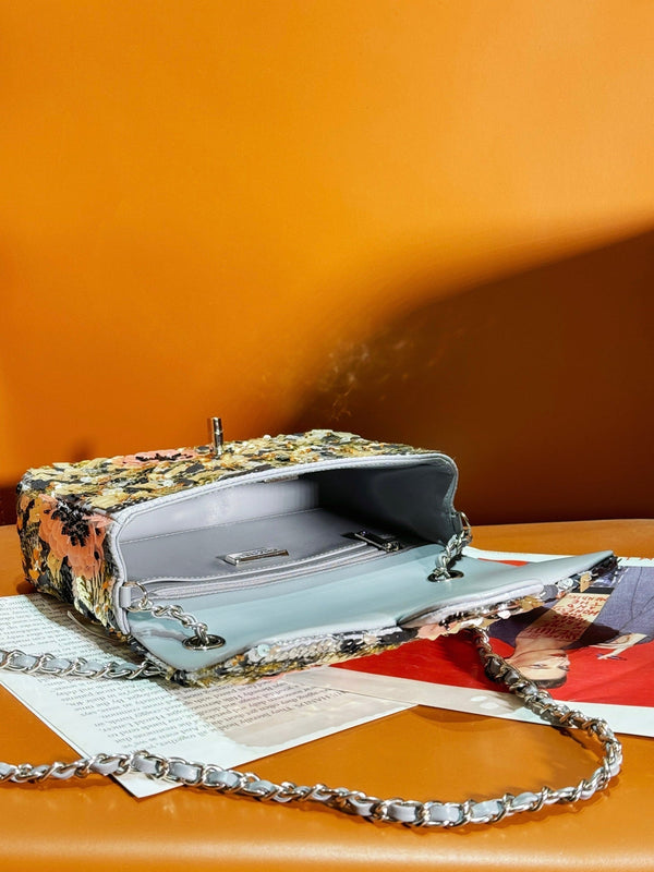 24S Flap Bag 20cm Multicolor Sequin Pink Flower Pearl Caflskin