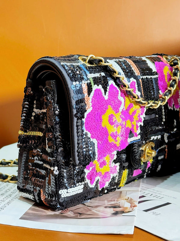 24S Flap Bag 25.5cm Black White Purple Sequin