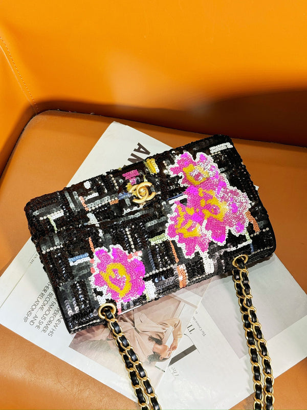 24S Flap Bag 25.5cm Black White Purple Sequin
