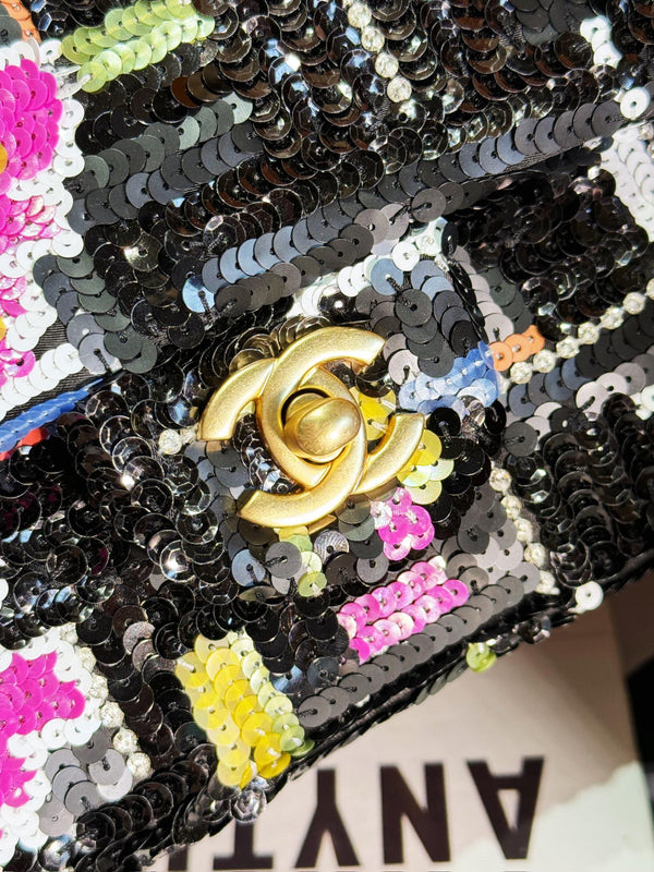 24S Flap Bag 25.5cm Black White Purple Sequin