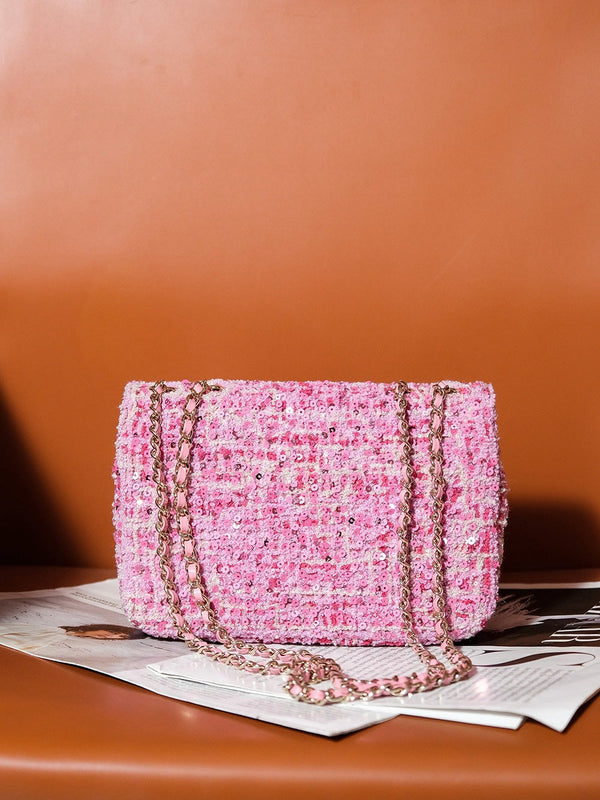 24S Flap Bag 20cm Pink White Sequin Calfskin