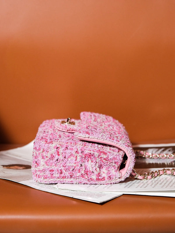 24S Flap Bag 20cm Pink White Sequin Calfskin