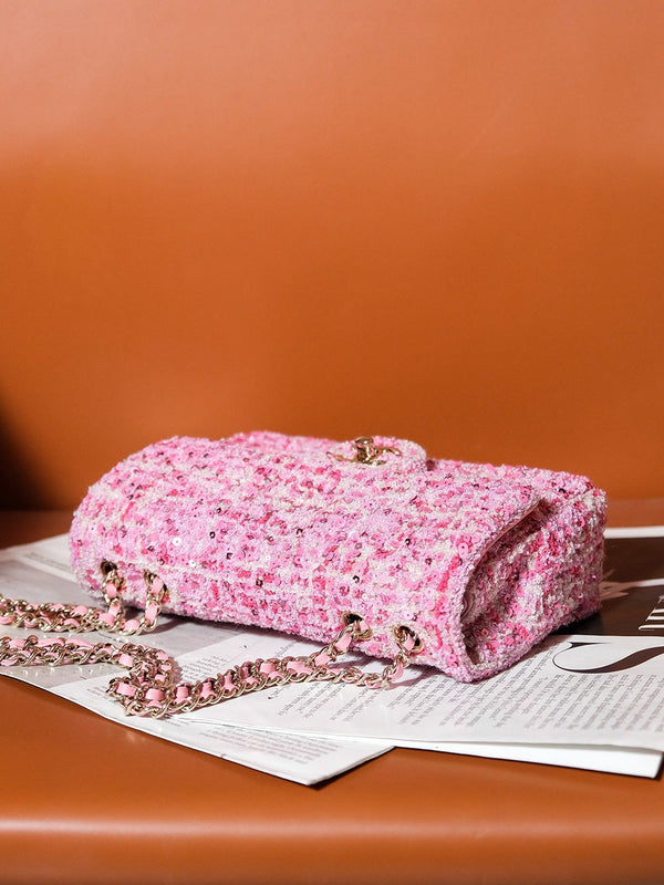 24S Flap Bag 20cm Pink White Sequin Calfskin