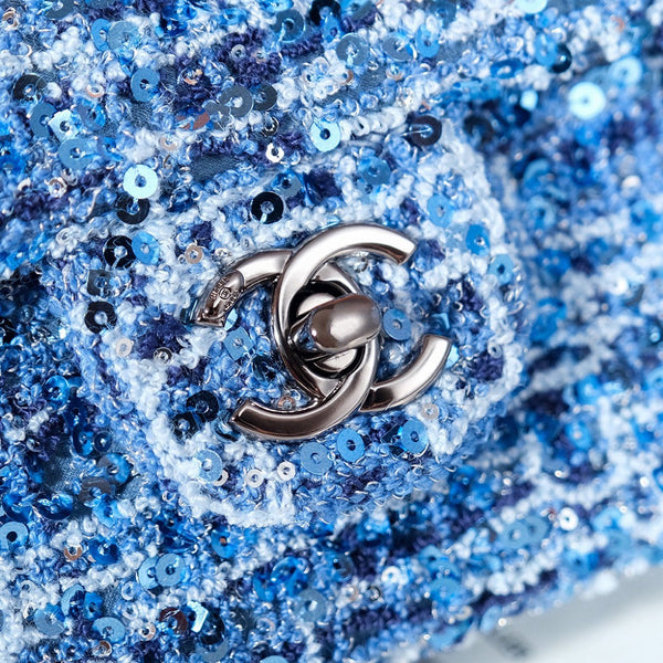 24S Flap Bag 20cm Blue White Sequin Calfskin