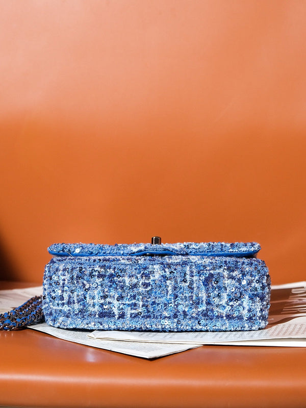 24S Flap Bag 20cm Blue White Sequin Calfskin