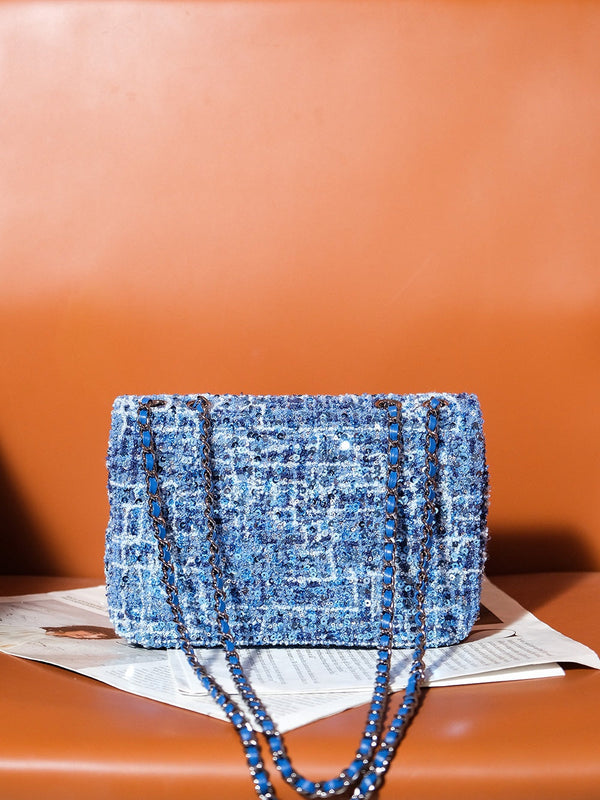 24S Flap Bag 20cm Blue White Sequin Calfskin