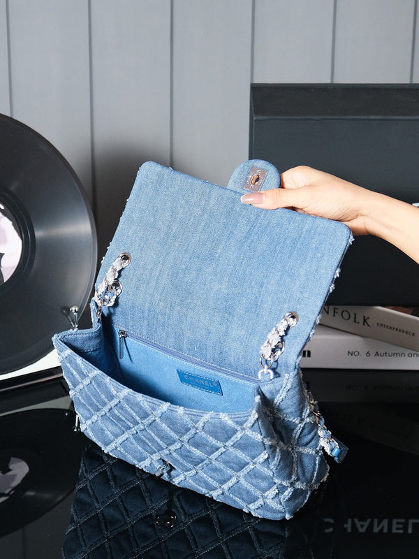 24S Flap Bag 25.5cm Blue Quilted Denim