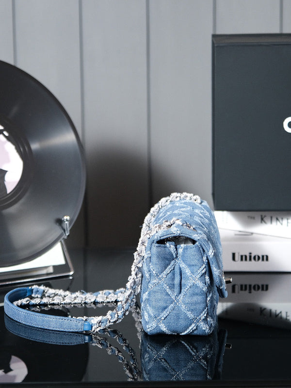 24S Flap Bag 20cm Blue Quilted Denim