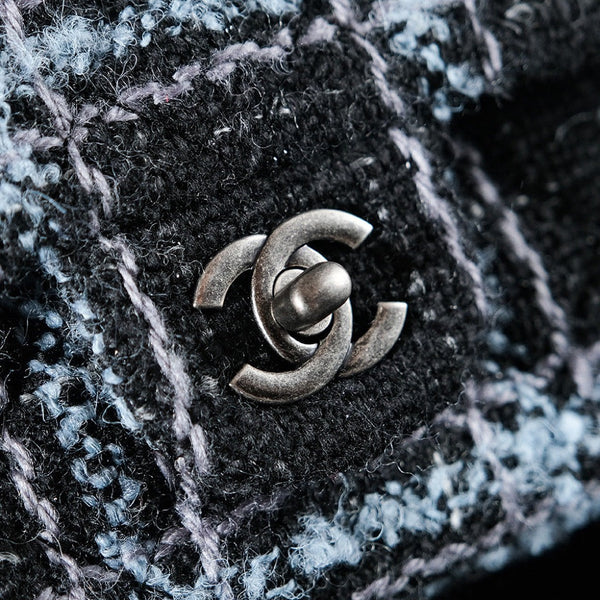 Borsa a patta 24K 20 cm in tweed a righe blu e nere