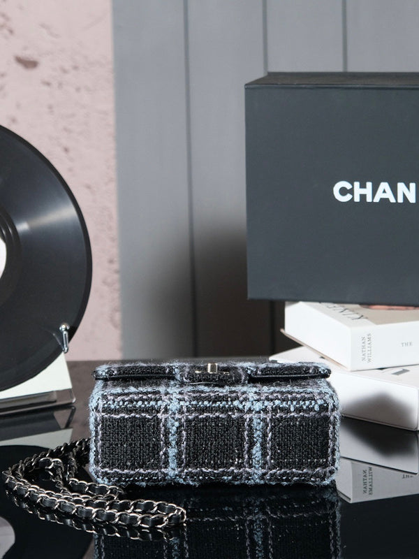 Borsa a patta 24K 20 cm in tweed a righe blu e nere