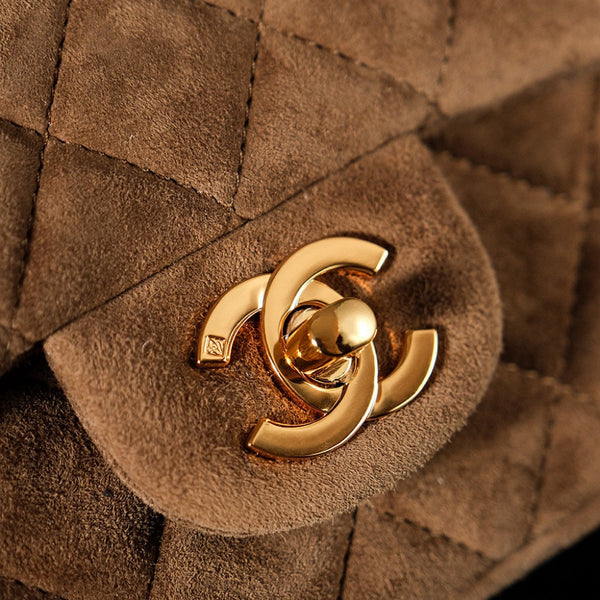 Classic Flap Bag 20cm Brown Suede Gold Hardware