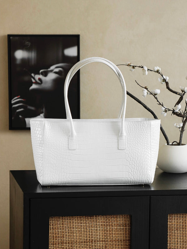 Chanel 25 Crocodile-embossed 40cm Bag White Cowhide 322960