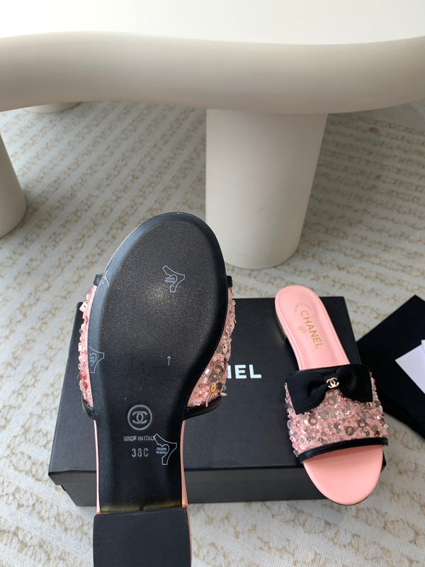 mule sandal pink calfskin glitter sequin