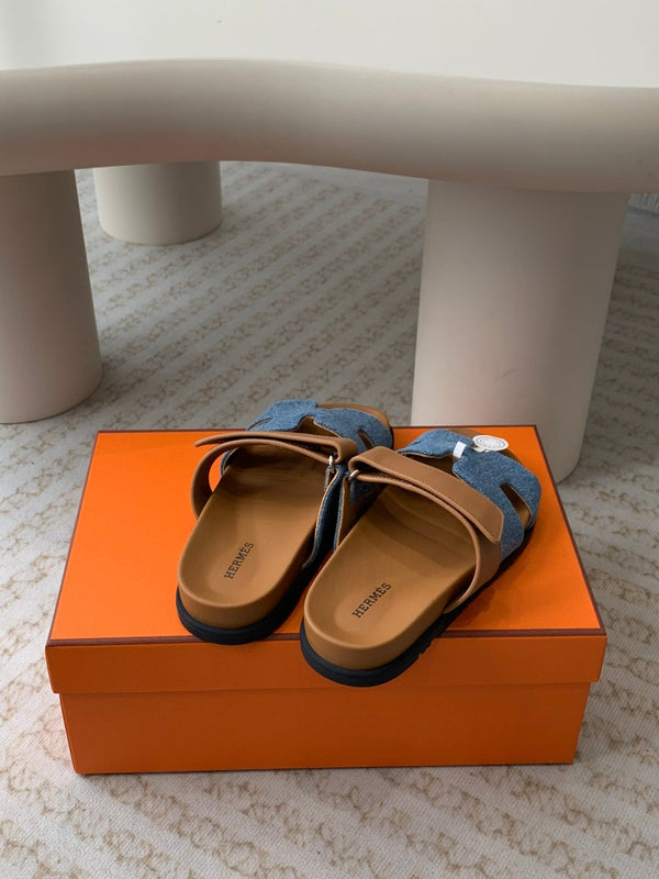 chypre sandal blue denim brown calfskin