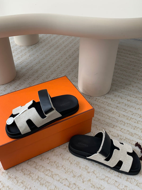 chypre sandal white canvas black calfskin