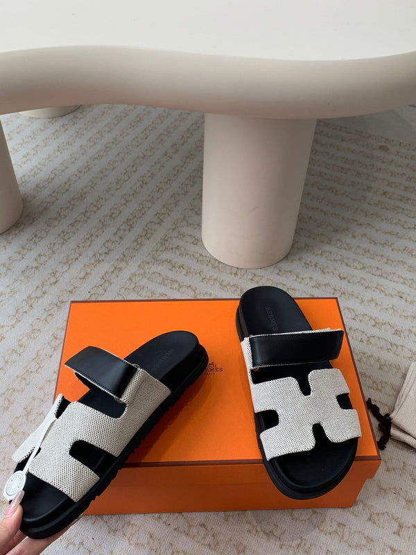 chypre sandal white canvas black calfskin