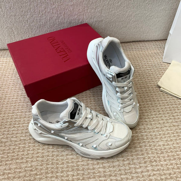 Valentino Sneaker 50mm In White Mix Grey Blue Mesh Fabric And Cowhide 814274