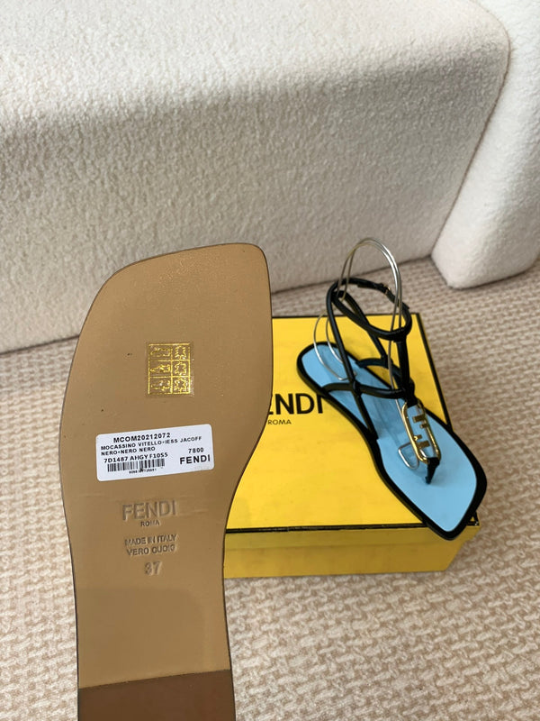 FENDI O'LOCK THONG SANDAL BLACK AND BLUE CALFSKIN WITH GOLD HARDWARE