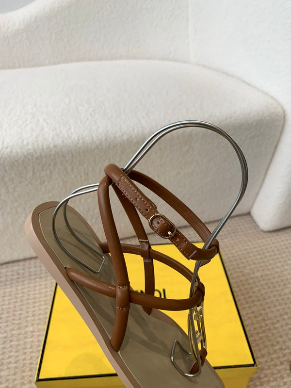 FENDI O'LOCK THONG SANDAL BROWN CALFSKIN WITH GOLD HARDWARE