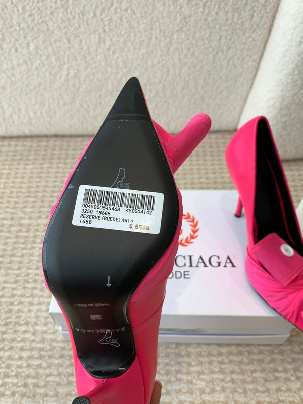 KNIFE CHEMISE HIGH PUMPS IN BRIGHT PINK COTTON AND CALFSKIN